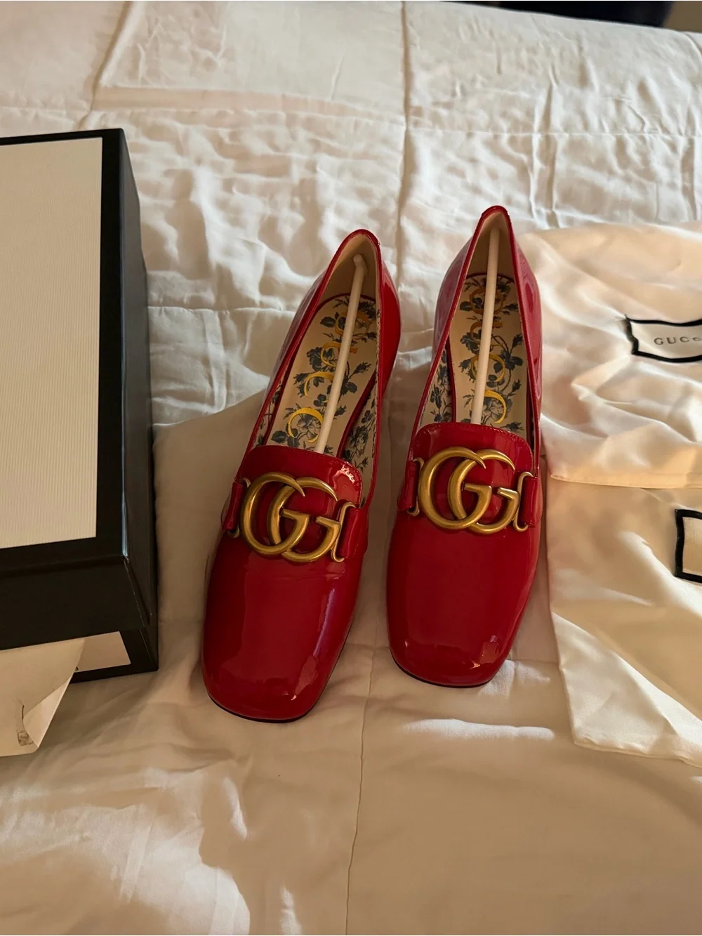 Gucci Red Patent Leather GG Marmont Loafers